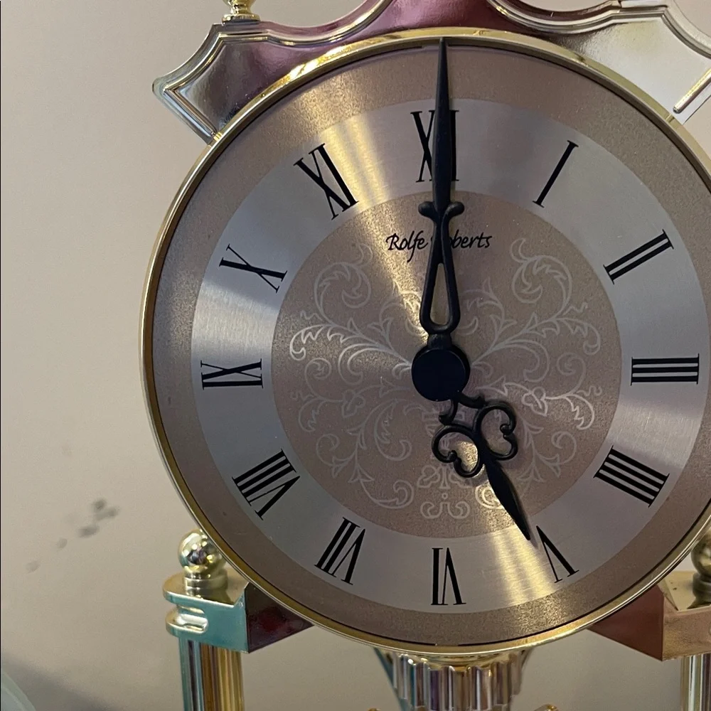 Vtg MCM Rolfe Roberts German Anniversary Clock, Rotating Pendulum,Gold Tone